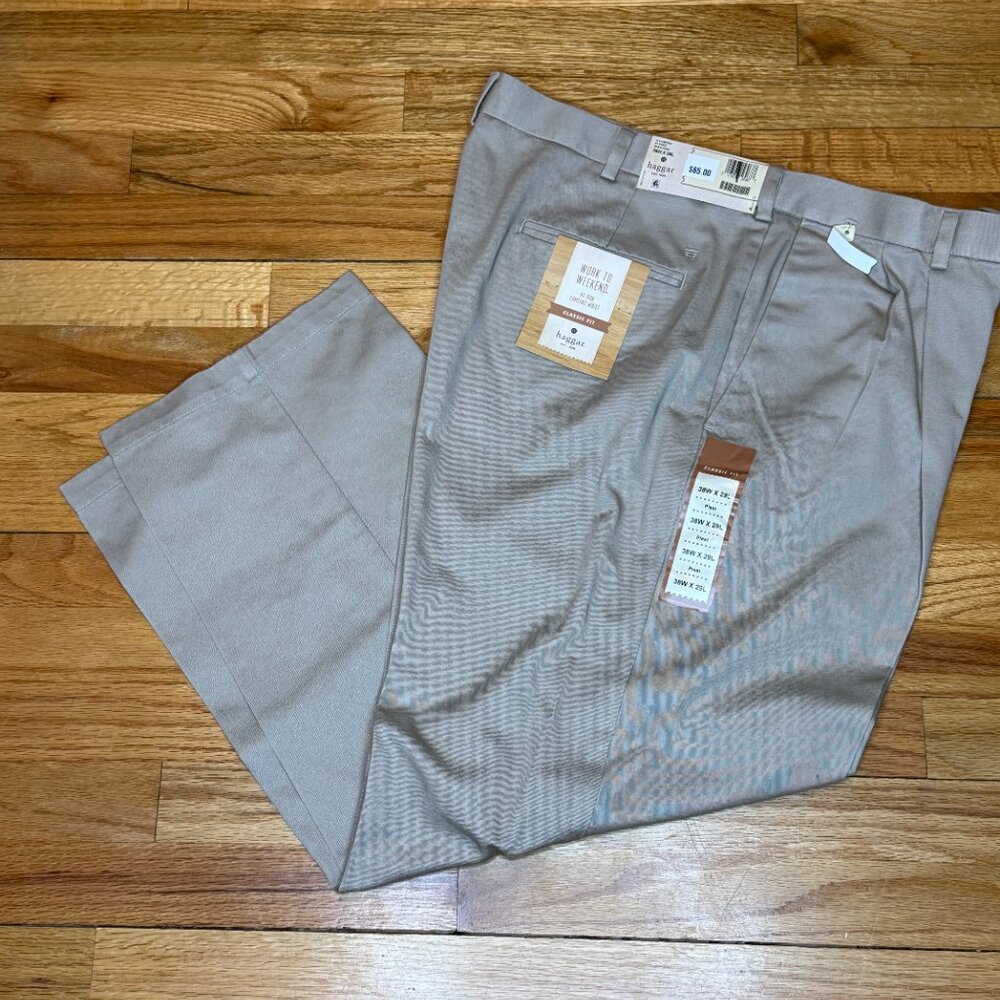 HAGGAR Work To Weekend 38 X 29 Classic Fit Pleated Pleat Pants Trousers Khaki